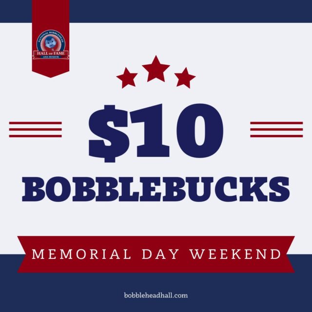To celebrate Memorial Day Weekend and the unofficial start of summer, we're giving customers $10 in BobbleBucks! Just use BobbleBucks code MW10 now through Monday at Midnight Central Time to save $10 on any purchase of $50 or more for in stock bobbleheads excluding select new arrivals. Check out our huge selection at store.bobbleheadhall.com/collections/bobbleheads and shop now using code MW10.

#sale #bobblebucks #memorialday #summer #shop #bobblehead #bobbleheads #bobbleheadmuseum #milwaukee #wisconsin